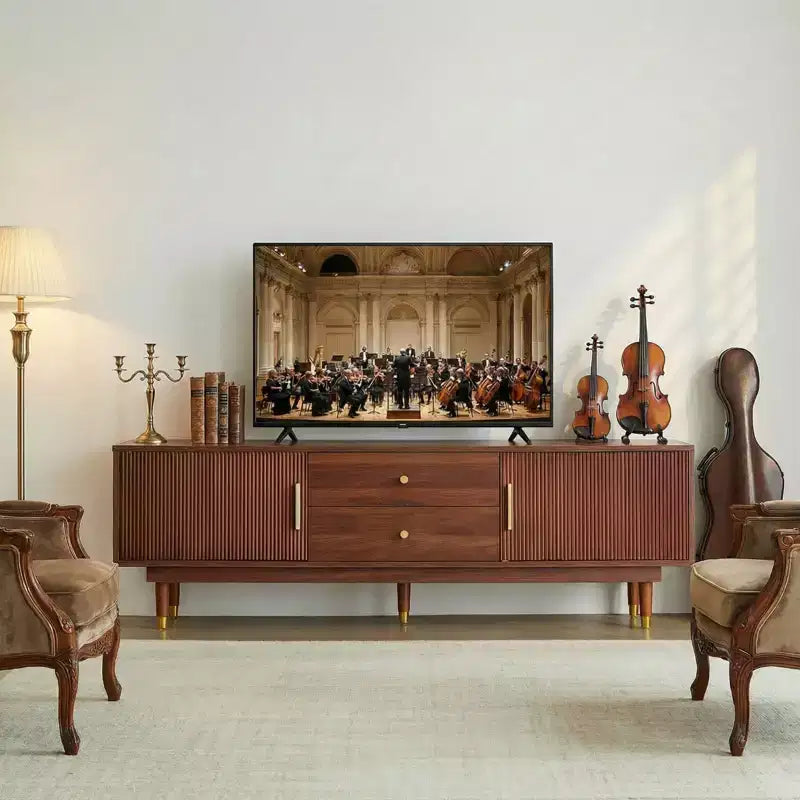 Meuble TV JVNOXK de 170 cm de style milieu du siècle, console TV en noyer avec deux tiroirs de rangement, adapté aux salons et aux chambres à coucher