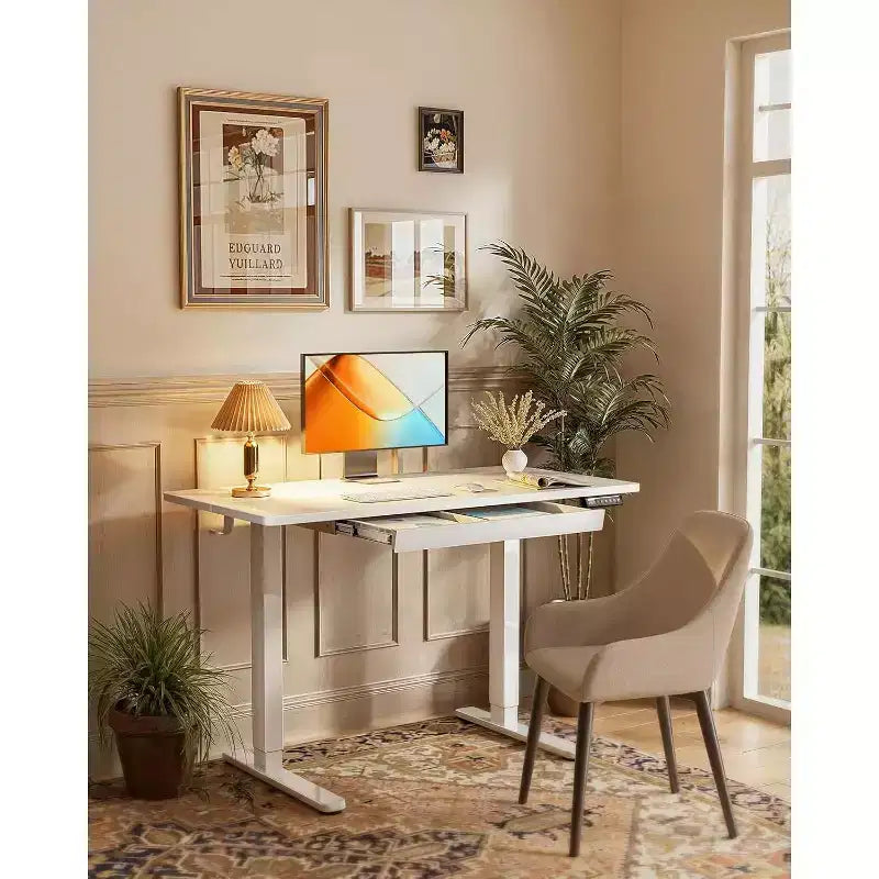 ErGear 44X24 Bureau électrique assis-debout avec tiroirs, bureau réglable en hauteur avec 4 préréglages, table d'ordinateur ergonomique pour bureau à domicile, blanc