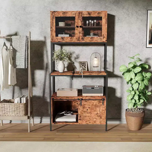 5-Tier Industrial Microwave Stand With Cabinets and Open Shelves, Kitchen Bakers Rack With Power Outlet, Farmhouse Coffee Bar For Dining Room, Brown