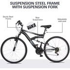 Hykolity VTT 26 pouces, vélo de cyclisme extérieur 18 vitesses, cadre en acier à haute teneur en carbone, VTT pour hommes et femmes, double suspension intégrale, noir