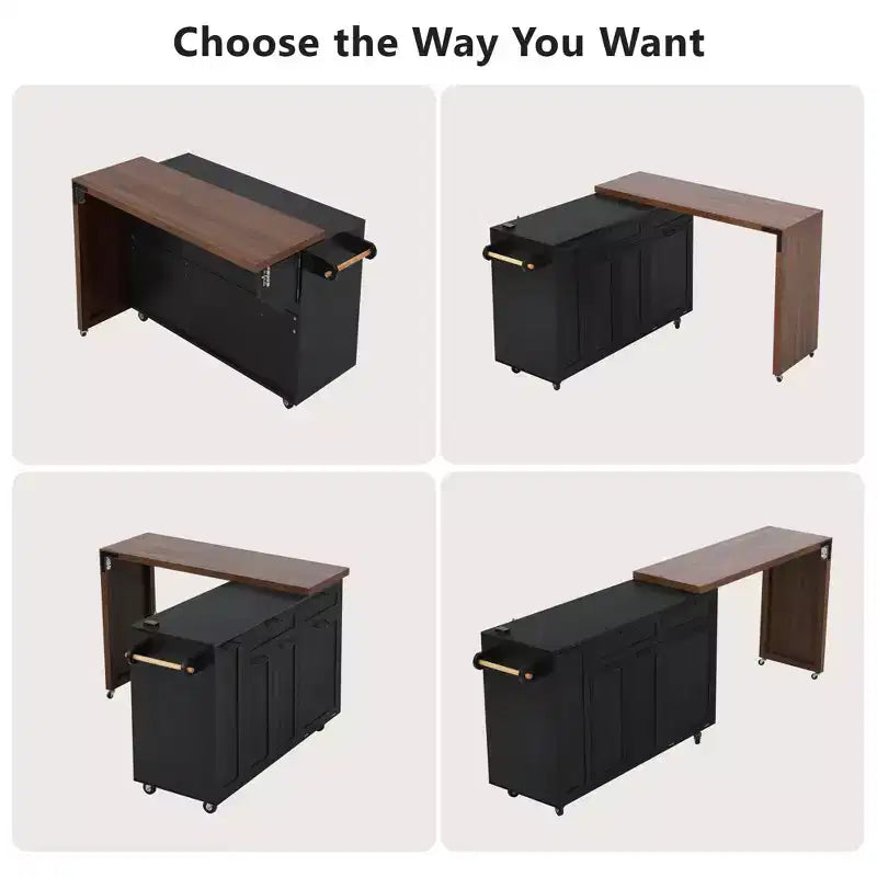 FAMYYT 102.3 Desserte de cuisine roulante avec table à manger extensible, armoire de rangement pour poubelle, étagère à épices coulissante à 3 niveaux, 2 tiroirs