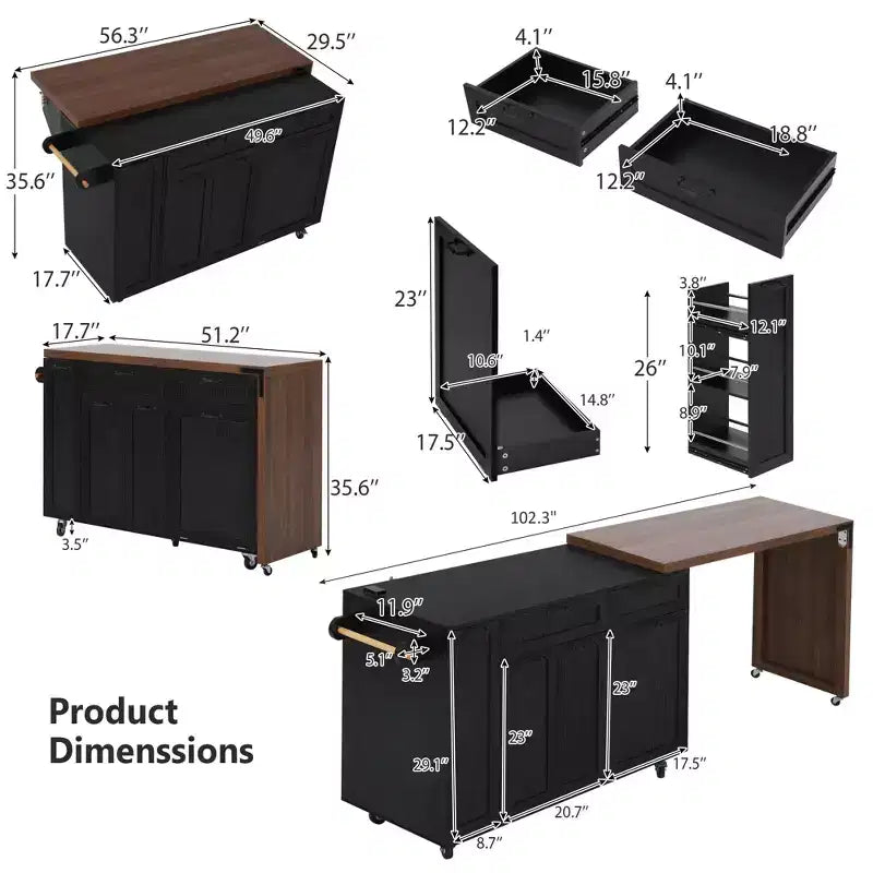 FAMYYT 102.3 Desserte de cuisine roulante avec table à manger extensible, armoire de rangement pour poubelle, étagère à épices coulissante à 3 niveaux, 2 tiroirs