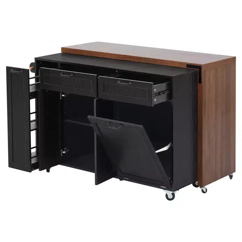 FAMYYT 102.3 Desserte de cuisine roulante avec table à manger extensible, armoire de rangement pour poubelle, étagère à épices coulissante à 3 niveaux, 2 tiroirs