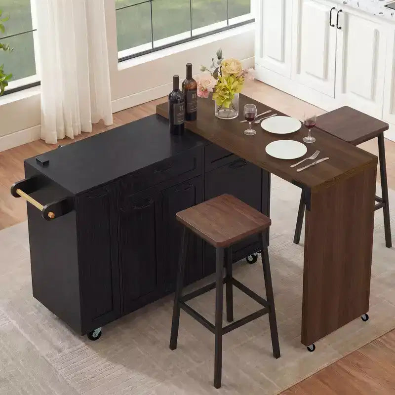 FAMYYT 102.3 Desserte de cuisine roulante avec table à manger extensible, armoire de rangement pour poubelle, étagère à épices coulissante à 3 niveaux, 2 tiroirs