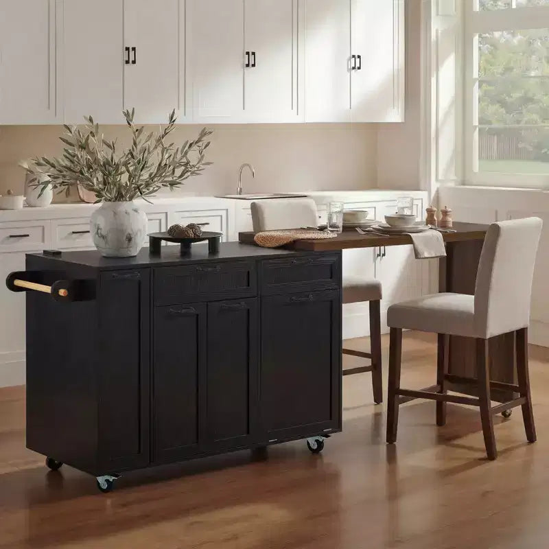 FAMYYT 102.3 Desserte de cuisine roulante avec table à manger extensible, armoire de rangement pour poubelle, étagère à épices coulissante à 3 niveaux, 2 tiroirs