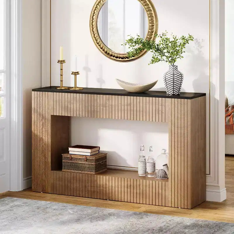 Console moderne Lantine, table d'entrée en bois de 140 cm avec rangement, table de canapé étroite et longue derrière le canapé pour salon, hall d'entrée, couloir