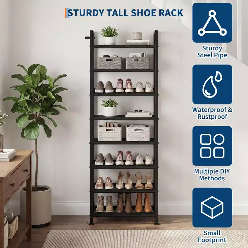 Étagère à chaussures étroite à 8 niveaux, meuble de rangement vertical en métal pour 18 à 24 paires, support à chaussures fin pour placard, entrée, petits espaces, noir