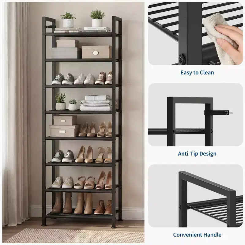 Étagère à chaussures étroite à 8 niveaux, meuble de rangement vertical en métal pour 18 à 24 paires, support à chaussures fin pour placard, entrée, petits espaces, noir