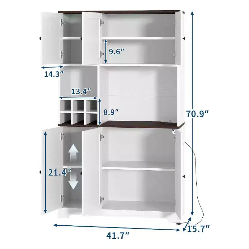 Garde-manger haut de 180 cm, Armoire de rangement de cuisine moderne style ferme, Casier à vin, Meuble bar à café autoportant, pour salle à manger, salon