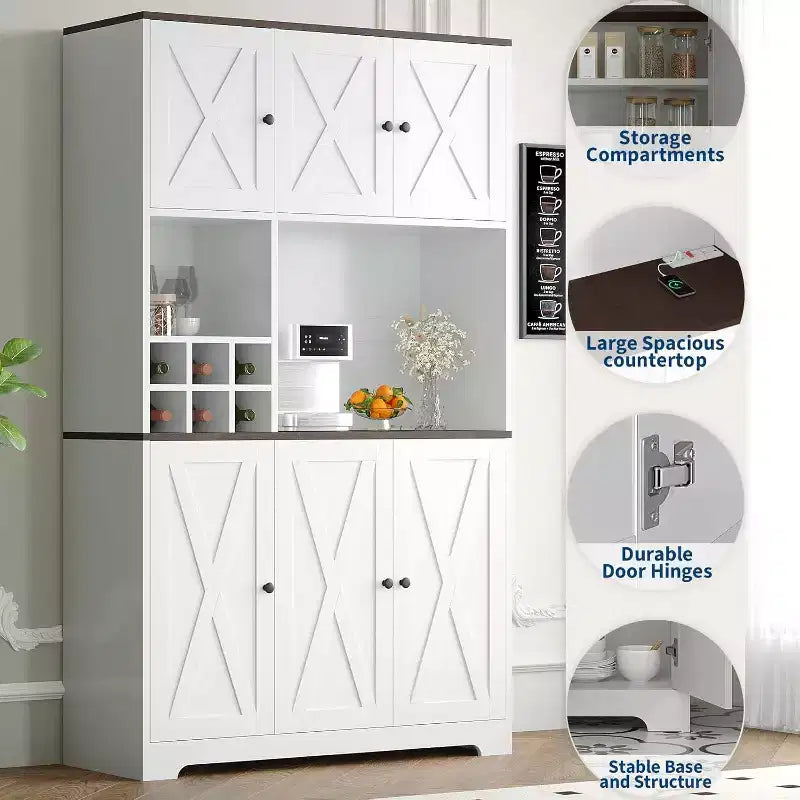 Garde-manger haut de 180 cm, Armoire de rangement de cuisine moderne style ferme, Casier à vin, Meuble bar à café autoportant, pour salle à manger, salon