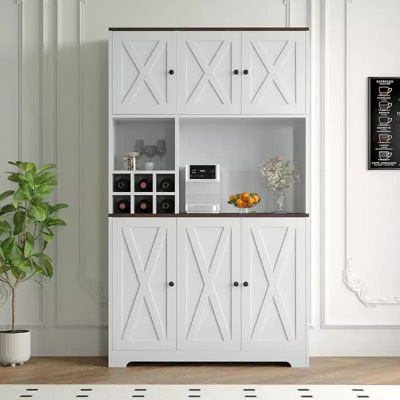 Garde-manger haut de 180 cm, Armoire de rangement de cuisine moderne style ferme, Casier à vin, Meuble bar à café autoportant, pour salle à manger, salon