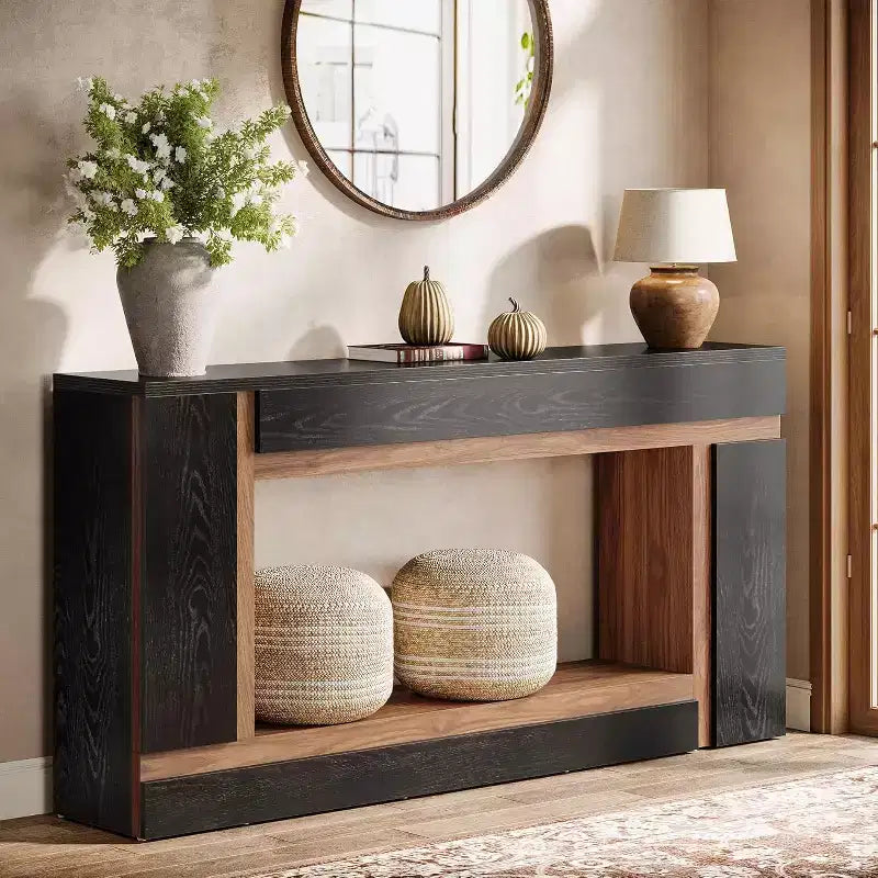Lantine 63-Inch Long Console Table for Entryway, 2-Tier Wooden Sofa Table Behind Couch for Hallway, Foyer, Front Door, Living Room, Black & Walnut