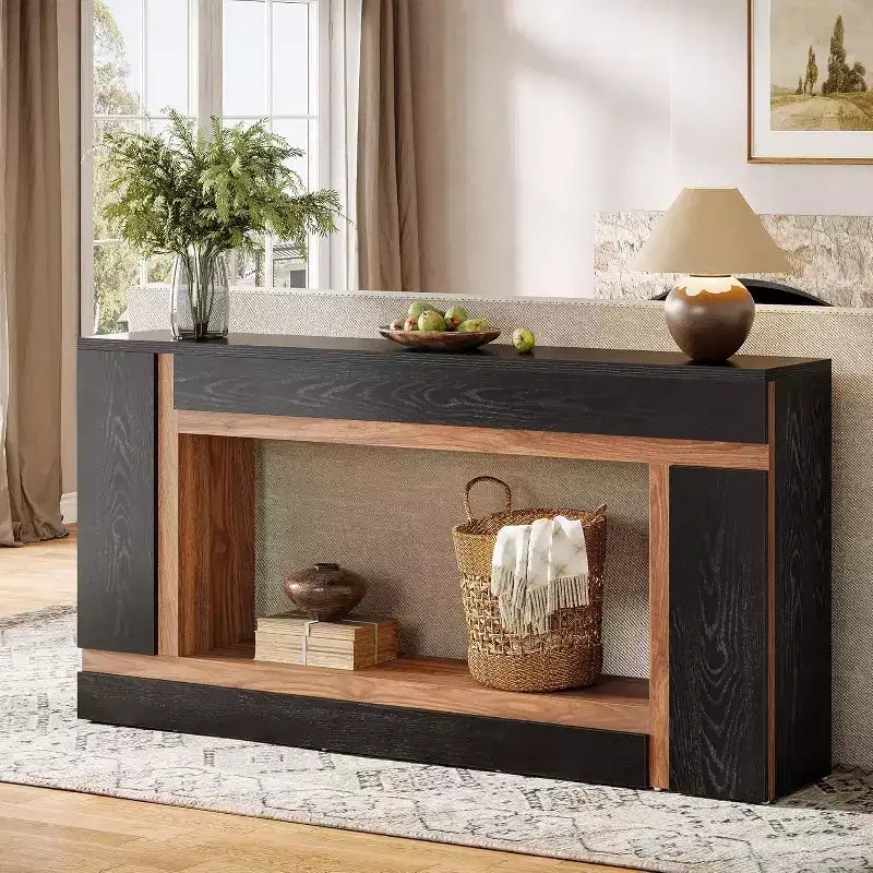 Table console Lantine de 160 cm pour entrée, table de canapé à 2 niveaux en bois derrière le canapé pour couloir, hall, porte d'entrée, salon, noir et noyer