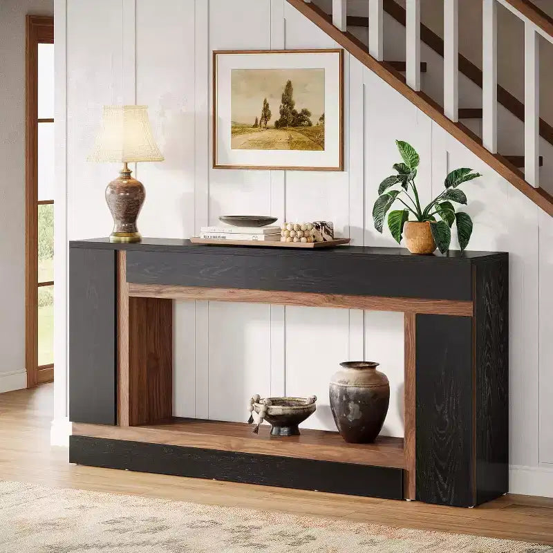Table console Lantine de 160 cm pour entrée, table de canapé à 2 niveaux en bois derrière le canapé pour couloir, hall, porte d'entrée, salon, noir et noyer