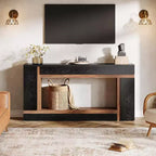 Table console Lantine de 160 cm pour entrée, table de canapé à 2 niveaux en bois derrière le canapé pour couloir, hall, porte d'entrée, salon, noir et noyer