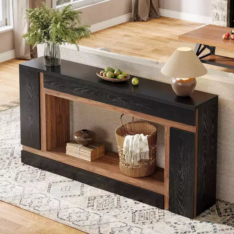 Table console Lantine de 160 cm pour entrée, table de canapé à 2 niveaux en bois derrière le canapé pour couloir, hall, porte d'entrée, salon, noir et noyer