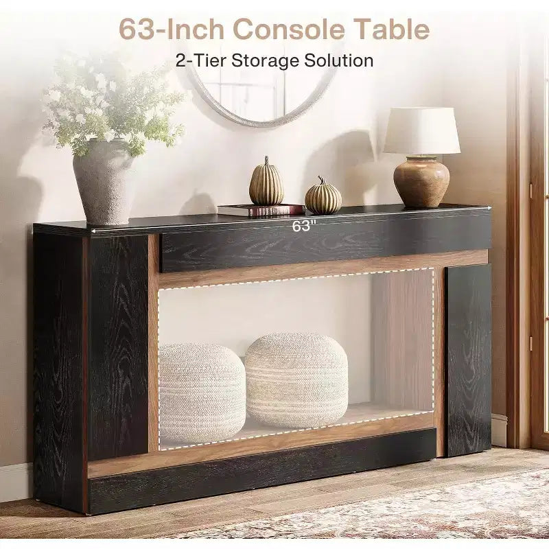 Table console Lantine de 160 cm pour entrée, table de canapé à 2 niveaux en bois derrière le canapé pour couloir, hall, porte d'entrée, salon, noir et noyer