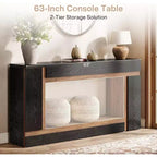 Table console Lantine de 160 cm pour entrée, table de canapé à 2 niveaux en bois derrière le canapé pour couloir, hall, porte d'entrée, salon, noir et noyer