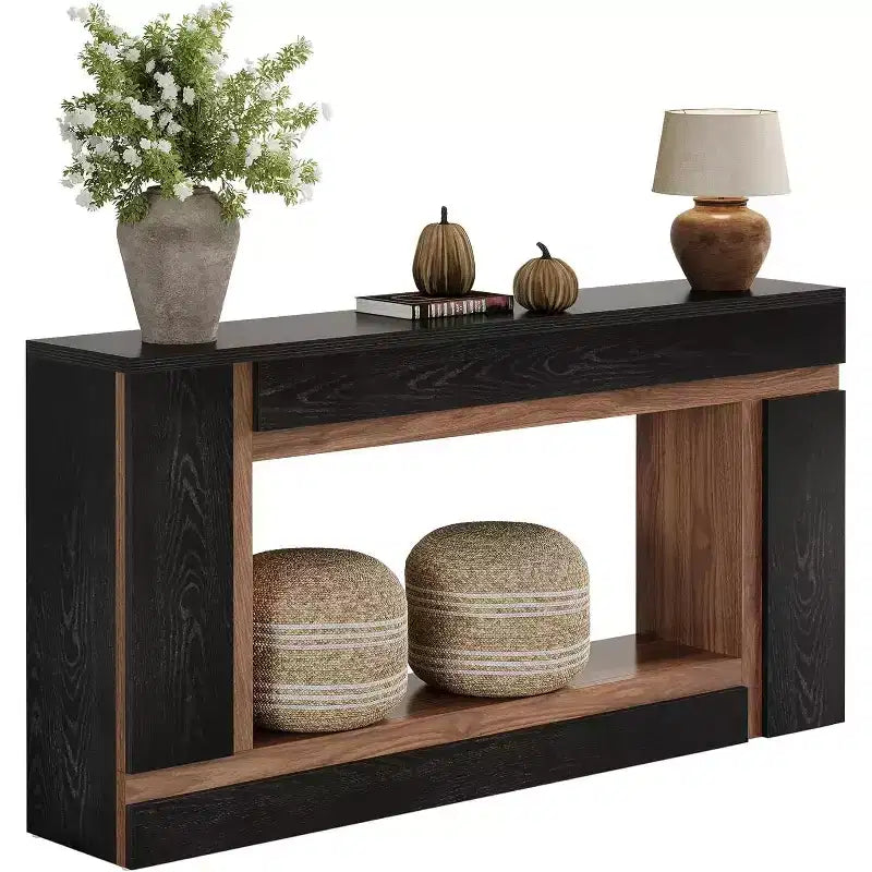 Table console Lantine de 160 cm pour entrée, table de canapé à 2 niveaux en bois derrière le canapé pour couloir, hall, porte d'entrée, salon, noir et noyer