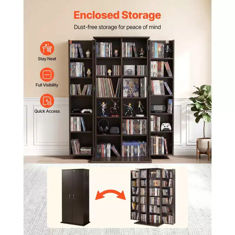 Meuble de rangement multimédia VEVOR, Étagère DVD à 6 niveaux, Organisateur de rangement multimédia de 61 x 36,8 x 127 cm pour CD, DVD, livres, jeux, marron