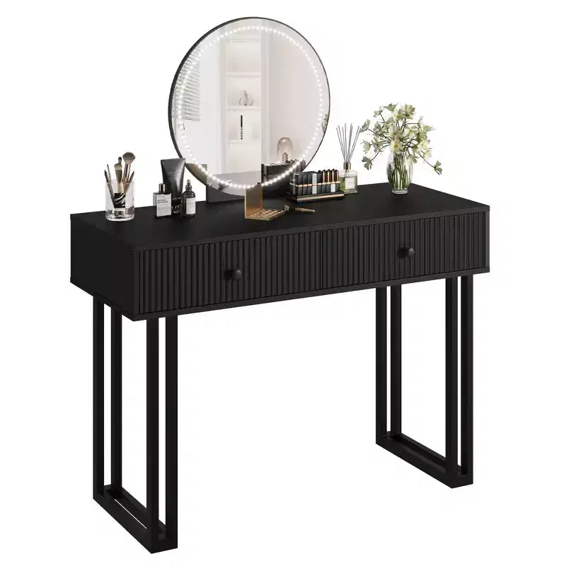 COZONY Coiffeuse de 100 cm avec Miroir Rond Éclairé HD, 3 Couleurs de Lumières LED, 2 Tiroirs, Coiffeuse Compacte pour Chambre, Noir