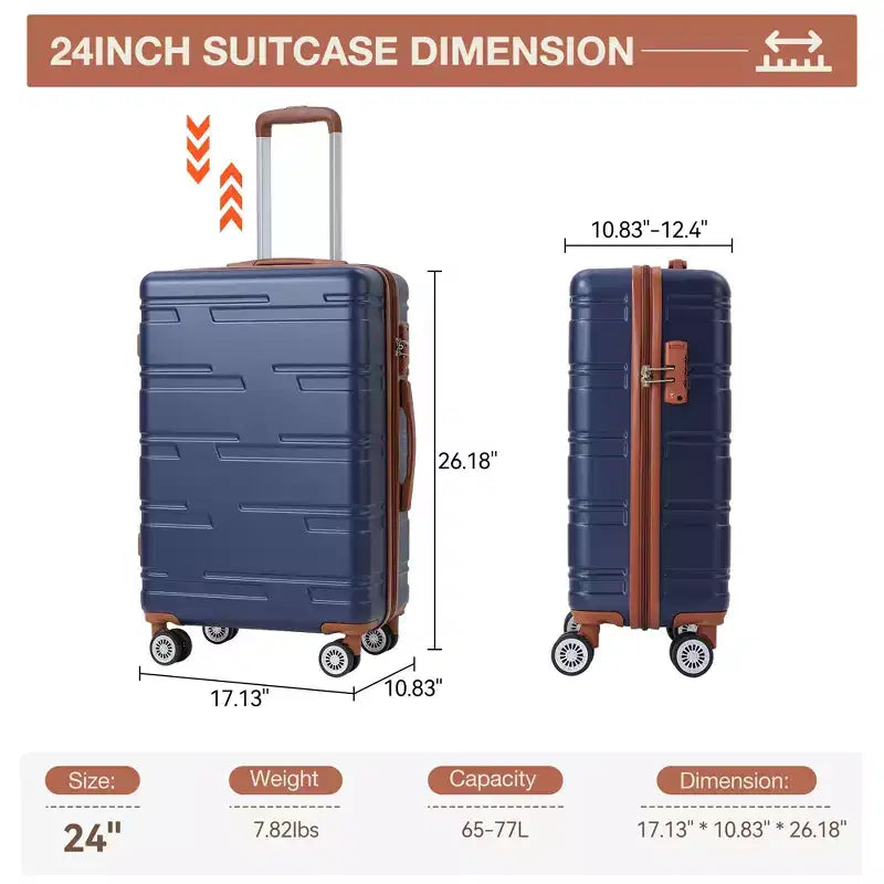 Bagage rigide extensible de 24 pouces - Valise légère en ABS avec roulettes multidirectionnelles et serrure TSA, approuvée par les compagnies aériennes