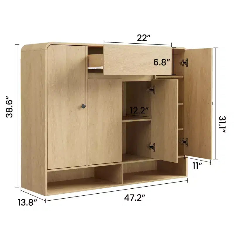 Meuble à chaussures de 120 cm avec étagères réglables, 4 portes, étagère inférieure, organiseur étroit autoportant, coin arrondi pour couloir et salon