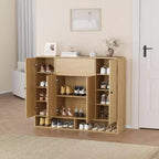 Meuble à chaussures de 120 cm avec étagères réglables, 4 portes, étagère inférieure, organiseur étroit autoportant, coin arrondi pour couloir et salon