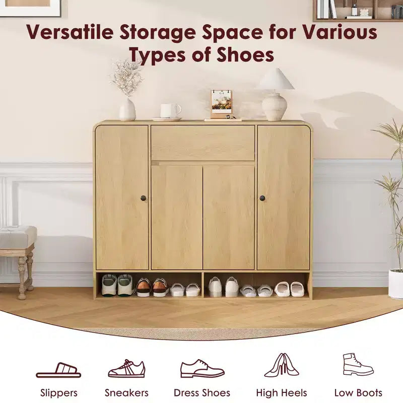 Meuble à chaussures de 120 cm avec étagères réglables, 4 portes, étagère inférieure, organiseur étroit autoportant, coin arrondi pour couloir et salon