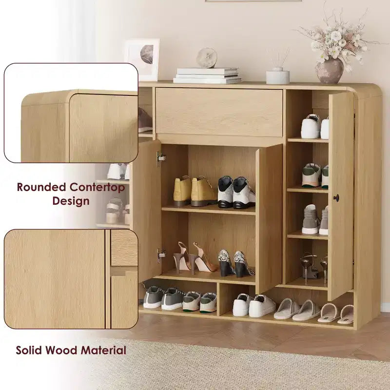 Meuble à chaussures de 120 cm avec étagères réglables, 4 portes, étagère inférieure, organiseur étroit autoportant, coin arrondi pour couloir et salon