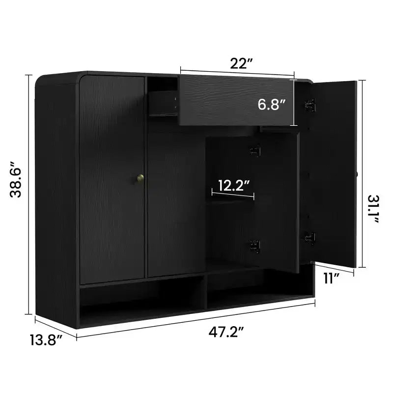 Meuble à chaussures de 120 cm avec étagères réglables, 4 portes, étagère inférieure, organiseur étroit autoportant, coin arrondi pour couloir et salon