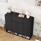 Meuble à chaussures de 120 cm avec étagères réglables, 4 portes, étagère inférieure, organiseur étroit autoportant, coin arrondi pour couloir et salon