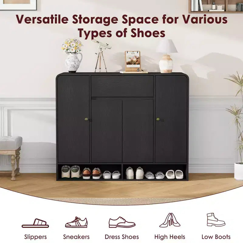 Meuble à chaussures de 120 cm avec étagères réglables, 4 portes, étagère inférieure, organiseur étroit autoportant, coin arrondi pour couloir et salon