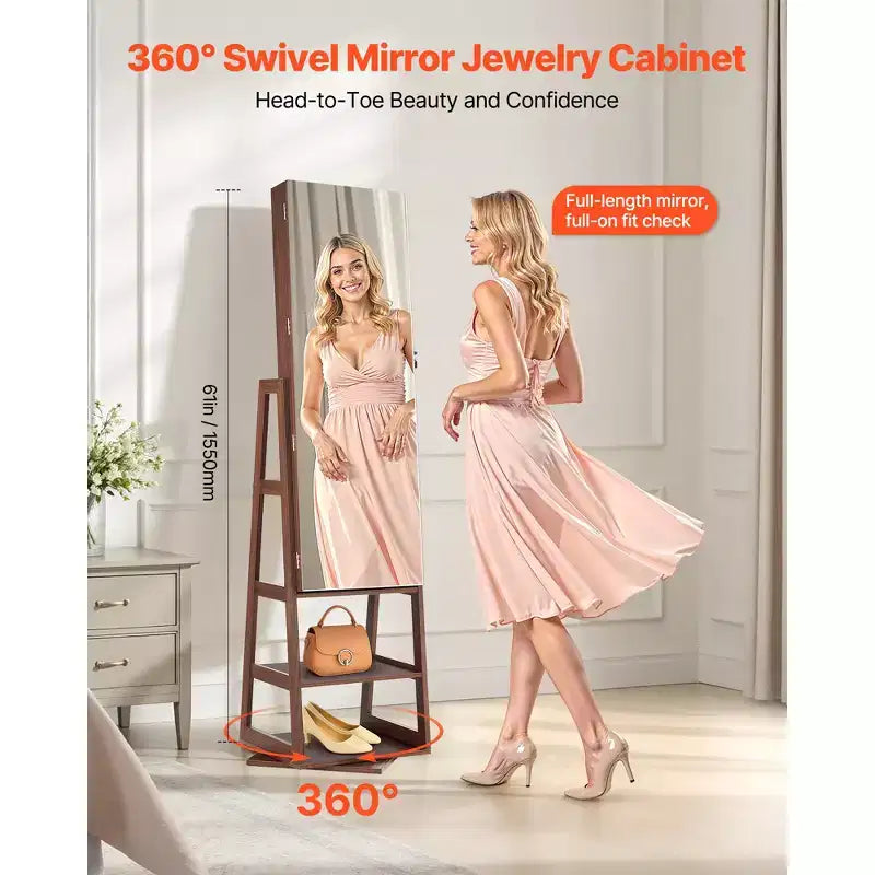 VEVOR Armoire à Bijoux Pivotante à 360°, 155 cm de Haut, Miroir Pleine Longueur avec Rangement, Organiseur de Bijoux Rotatif sur Pied, avec 2 Clés, Marron
