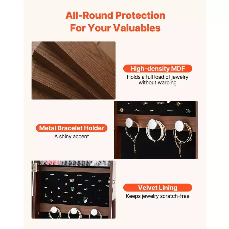 VEVOR Armoire à Bijoux Pivotante à 360°, 155 cm de Haut, Miroir Pleine Longueur avec Rangement, Organiseur de Bijoux Rotatif sur Pied, avec 2 Clés, Marron
