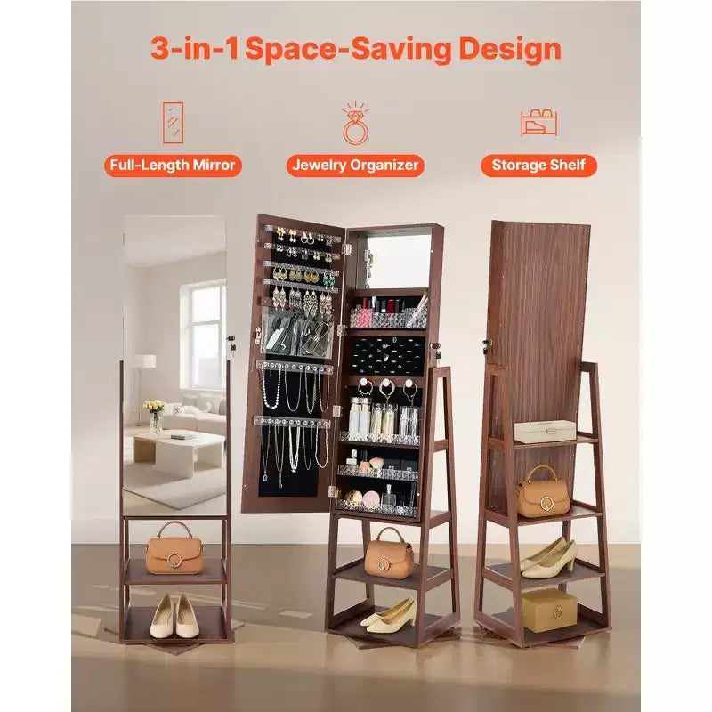 VEVOR Armoire à Bijoux Pivotante à 360°, 155 cm de Haut, Miroir Pleine Longueur avec Rangement, Organiseur de Bijoux Rotatif sur Pied, avec 2 Clés, Marron