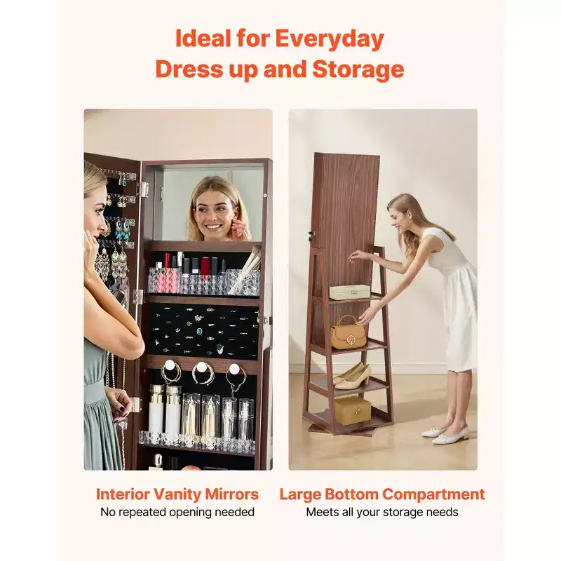 VEVOR Armoire à Bijoux Pivotante à 360°, 155 cm de Haut, Miroir Pleine Longueur avec Rangement, Organiseur de Bijoux Rotatif sur Pied, avec 2 Clés, Marron