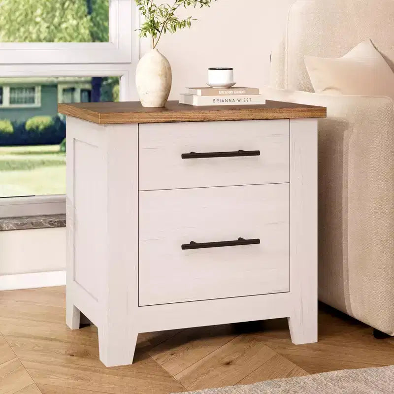 Table de chevet rustique avec 2 tiroirs, table de nuit blanche vieillie avec plateau marron, table d'appoint en bois rustique pour chambre et salon