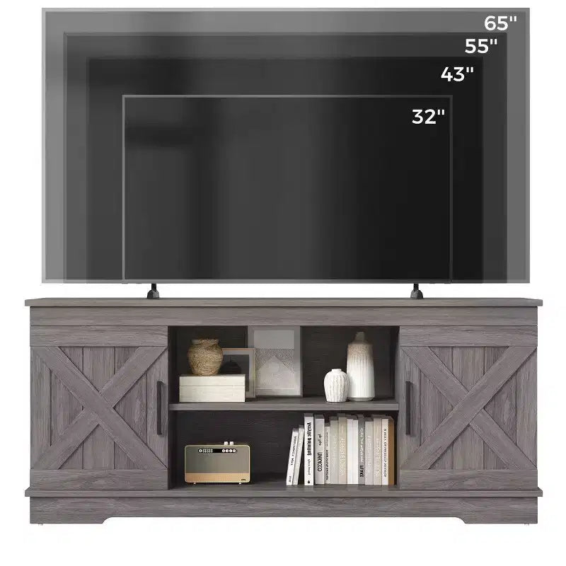 Meuble TV JIONJOY de style ferme moderne de 147,3 cm pour téléviseurs jusqu'à 65 pouces - Gris naturel, capacité de 90,7 kg, étagères de rangement réglables