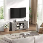 Meuble TV JIONJOY de style ferme moderne de 147,3 cm pour téléviseurs jusqu'à 65 pouces - Gris naturel, capacité de 90,7 kg, étagères de rangement réglables