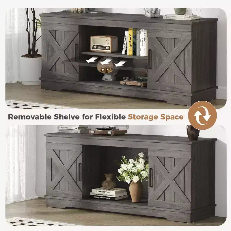 Meuble TV JIONJOY de style ferme moderne de 147,3 cm pour téléviseurs jusqu'à 65 pouces - Gris naturel, capacité de 90,7 kg, étagères de rangement réglables