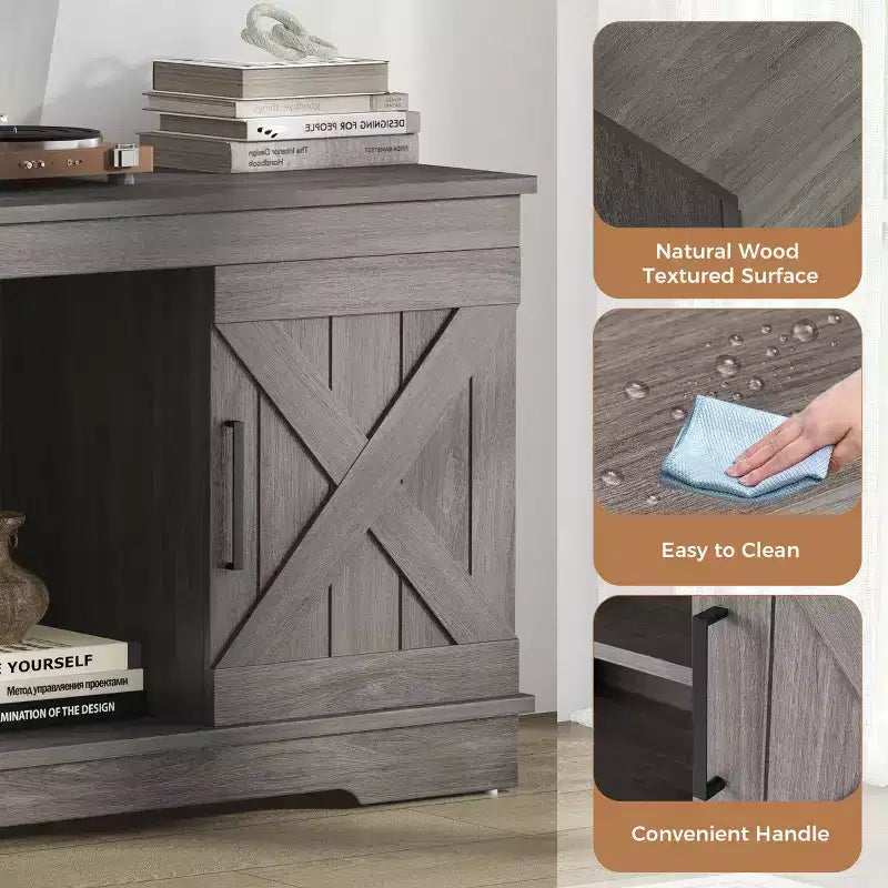 Meuble TV JIONJOY de style ferme moderne de 147,3 cm pour téléviseurs jusqu'à 65 pouces - Gris naturel, capacité de 90,7 kg, étagères de rangement réglables