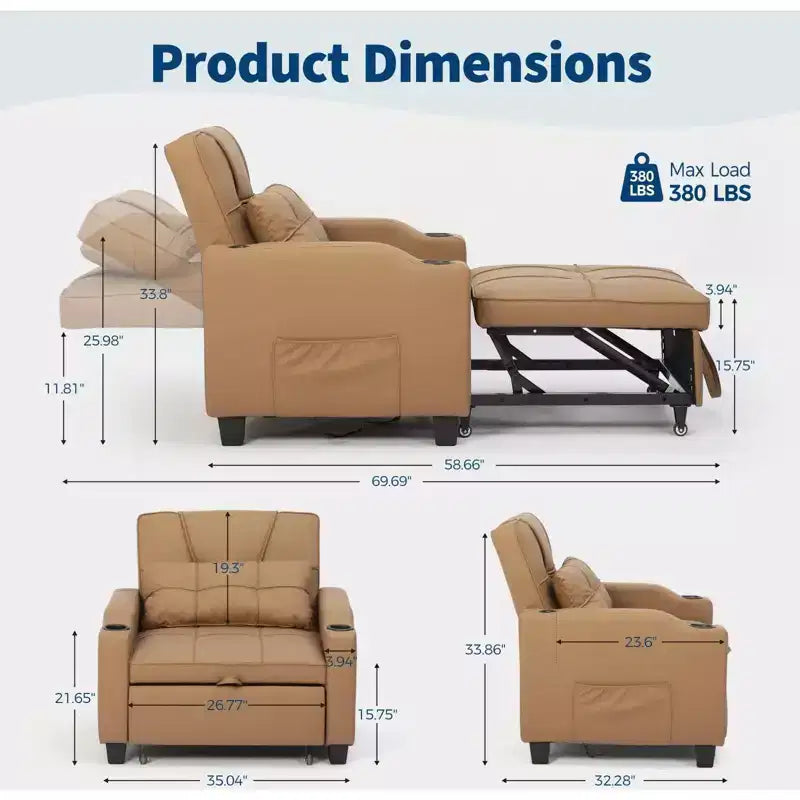 Fauteuil-lit convertible 3-en-1 avec ports USB, porte-gobelets et poches latérales - Canapé-lit gigogne avec dossier réglable pour petits espaces