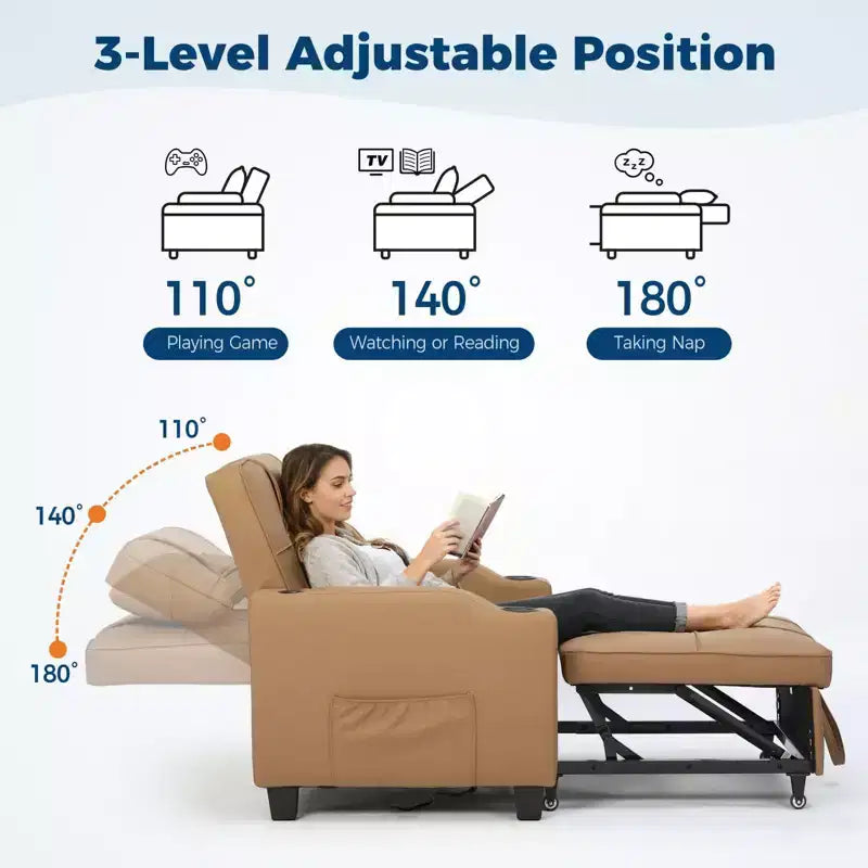 Fauteuil-lit convertible 3-en-1 avec ports USB, porte-gobelets et poches latérales - Canapé-lit gigogne avec dossier réglable pour petits espaces