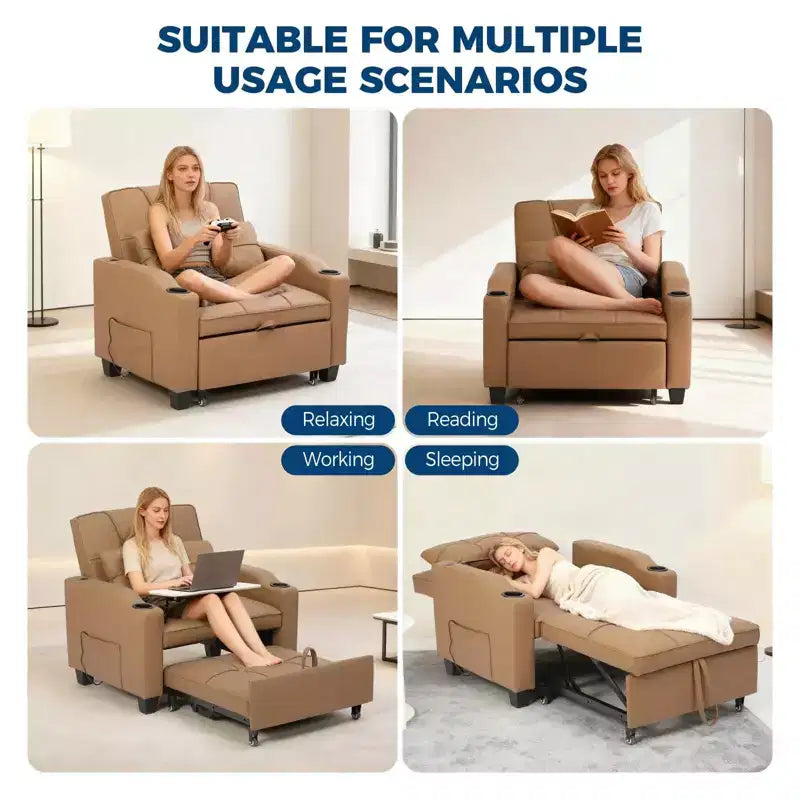 Fauteuil-lit convertible 3-en-1 avec ports USB, porte-gobelets et poches latérales - Canapé-lit gigogne avec dossier réglable pour petits espaces