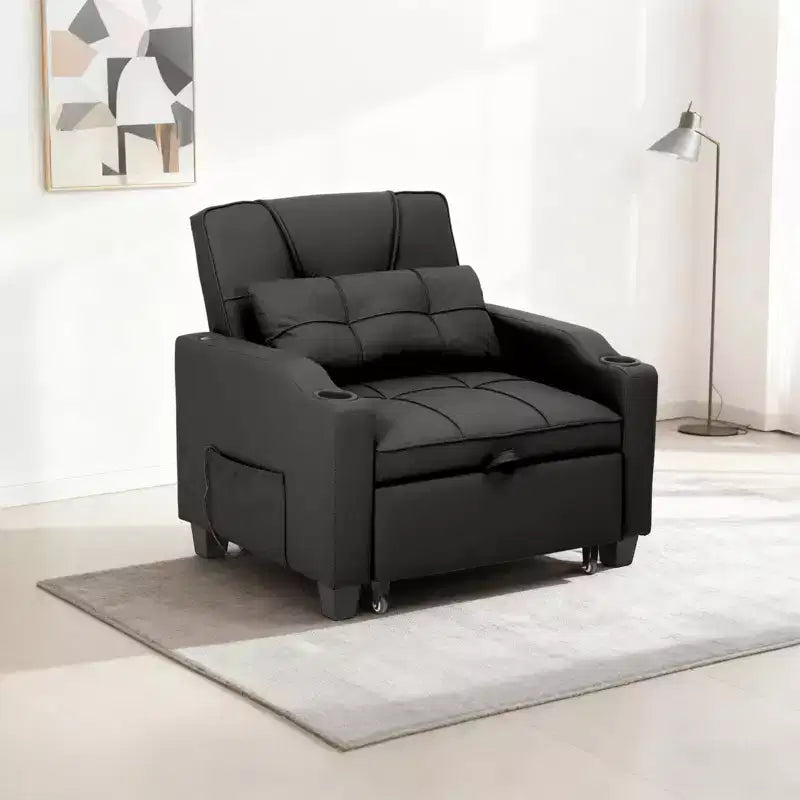 Fauteuil-lit convertible 3-en-1 avec ports USB, porte-gobelets et poches latérales - Canapé-lit gigogne avec dossier réglable pour petits espaces