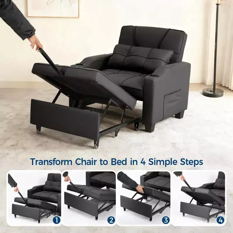 Fauteuil-lit convertible 3-en-1 avec ports USB, porte-gobelets et poches latérales - Canapé-lit gigogne avec dossier réglable pour petits espaces