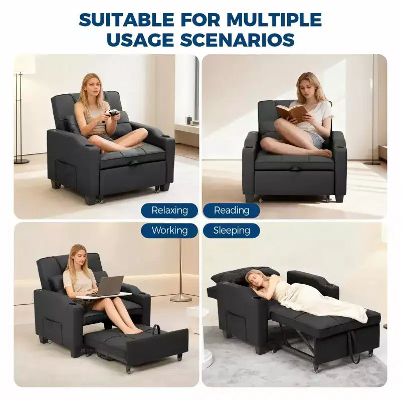 Fauteuil-lit convertible 3-en-1 avec ports USB, porte-gobelets et poches latérales - Canapé-lit gigogne avec dossier réglable pour petits espaces