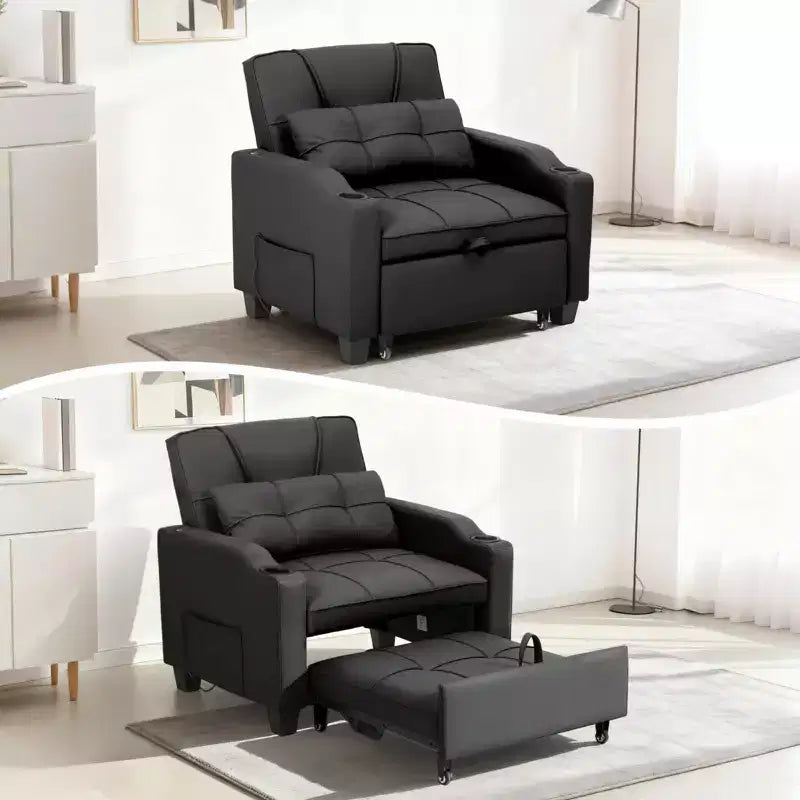 Fauteuil-lit convertible 3-en-1 avec ports USB, porte-gobelets et poches latérales - Canapé-lit gigogne avec dossier réglable pour petits espaces