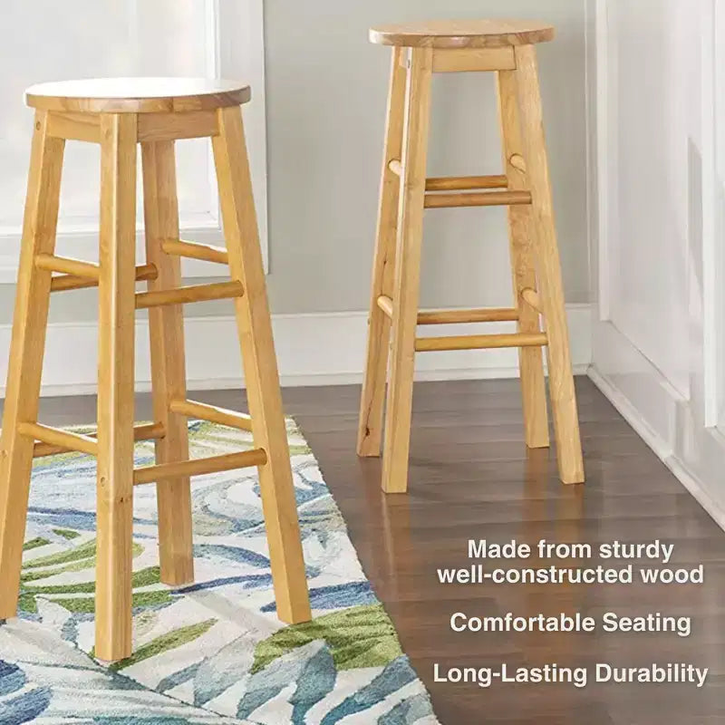 Tabourets de bar de cuisine classiques PJ Wood à siège rond de 74 cm de haut pour maisons, salles à manger et bars, avec sièges sans dossier, pieds carrés, naturels, lot de 2